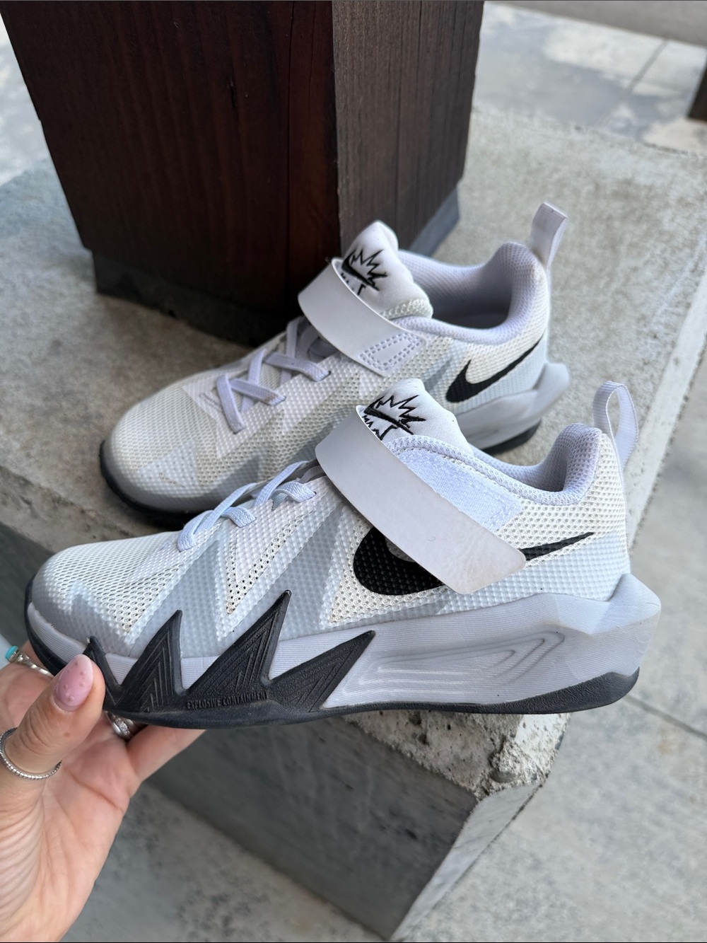 Nike Kids White and Black Velcro Athletic Sneakers with Bold Swoosh